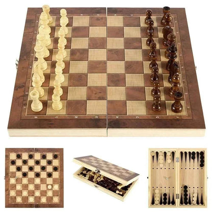 Echiquier 3 en 1 : échecs, dames, backgammon