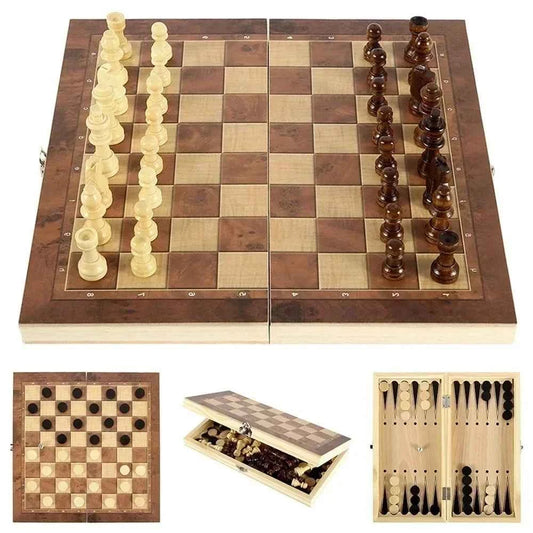 Echiquier 3 en 1 : échecs, dames, backgammon